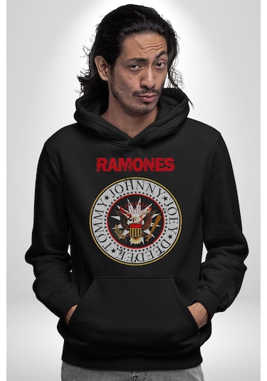 Ramones Punk Müzik Grubu Kadın Erkek Siyah Kapüşonlu Sweatshirt Hoodie Siyah