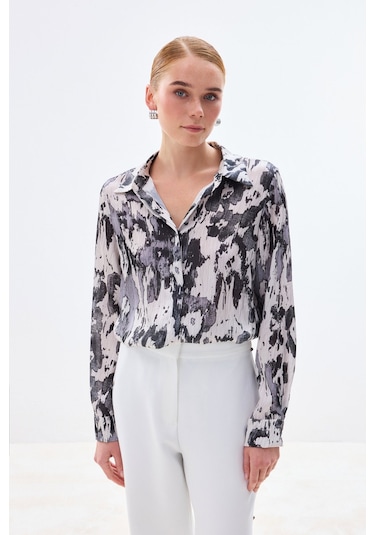 Sateen Desenli Düz Kesim Gömlek - Siyah-136802 Siyah