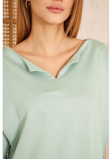 Kadın Ekstra Uzun Duble Kol / Yakası Yırtmaçlı Salaş Sweatshirt Bluz 3470190 Mint