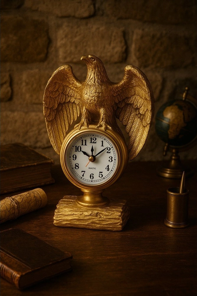 Çalışma Alanınıza Şıklık Katın Güçlü İhtişamlı Altın Renkli Kartal Heykeli Masa Saati Biblo 21x13 Cm Renkli