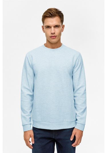 Süvari Bol Kesim O Yaka Melanj Desenli Waffle Sweatshirt Saks Mavi M05