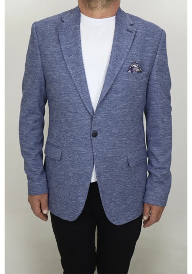 Moda Dmctekstil Erkek Kırçıllı İtalyan Kesim Dar Kalıp Tek Düğme Çift Yırtmaçlı Blazer Ceket Mavi