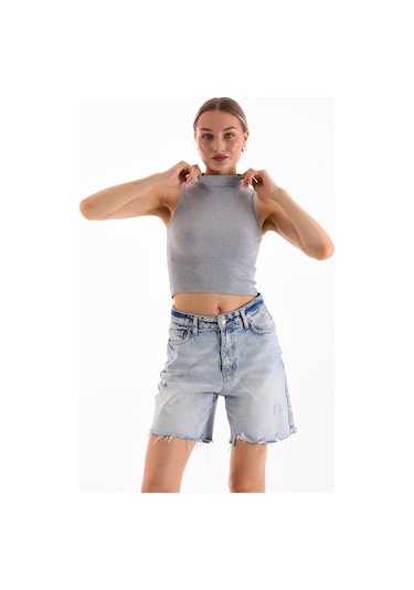 Loısy Kadın Likralı Kolsuz Crop Bluz Gri