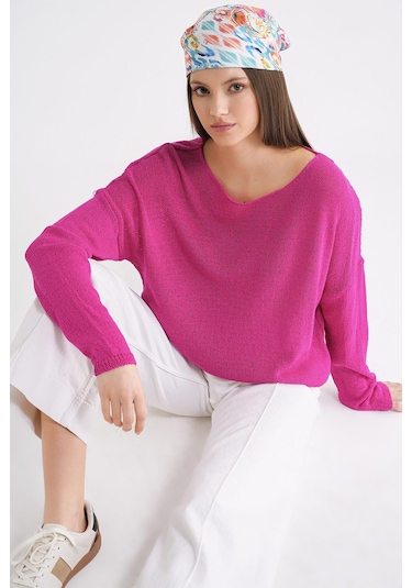 6933 Kadın Kayık Yaka İnce Mevsimlik Triko Kazak Fuşya Fuşya