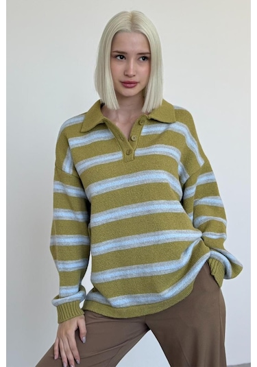 Yeşil Polo Yaka Çizgili Kadın Triko Kazak Mg2469 Yeşil