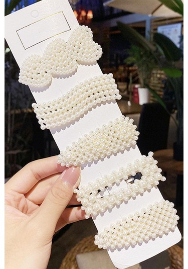 Çelikonline Kadın 5'li İnci Model Yan Çıt Çıt Saç Tokası Seti Beyaz