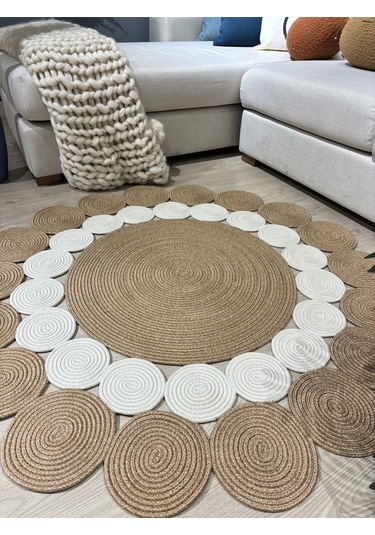 Mavaux Hasır Jüt Çiçek Desenli Kilim Halı Krem - Bej