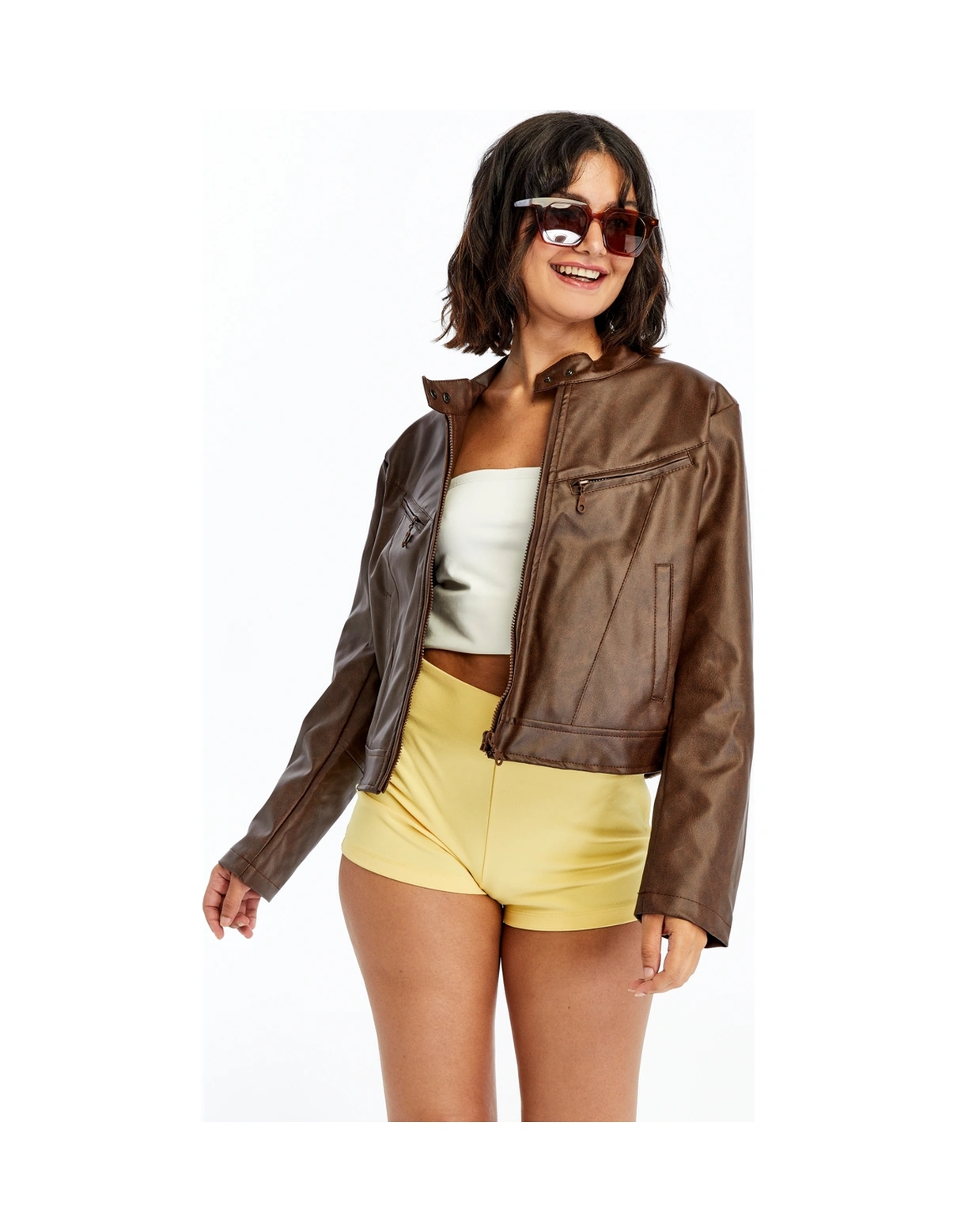 Kadın Deri Ceket Niş Kompakt Tasarım Mont Günlük Kullanım Fermuar Hakim Yaka Şık Ceket Kahverengi