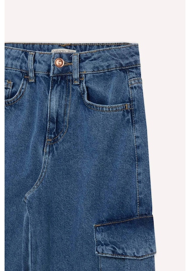 DeFacto Kız Çocuk Wide Leg Kargo Geniş Bol Paça Pamuklu Jean Pantolon D7091A825SMNM28 Mavi