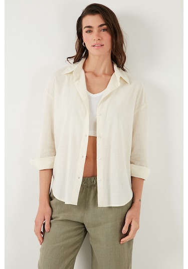 Lela Pamuklu Regular Fit Uzun Kollu Düz Bayan Gömlek Cf25S168305 Ekru
