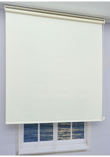 Düz Stor Perde - Kalın Mat Stor Güneşlik Kumaş Keten - Alüminyum Kasa Ve Boru - Eteği Dilimsiz/düz Krem