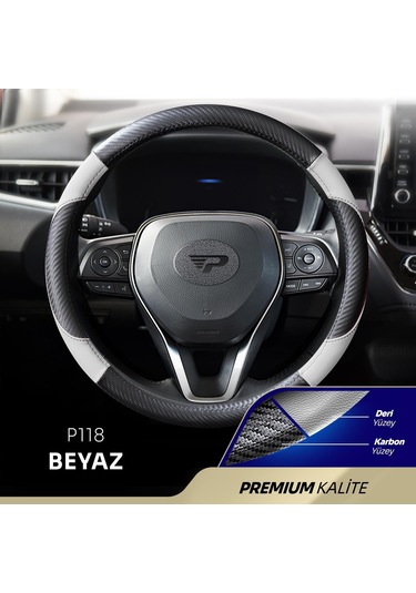 Panda Oto Direksiyon Kılıfı - Deri / Karbon-beyaz