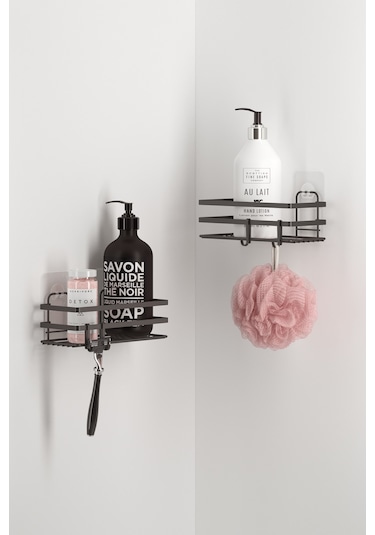 Teknotel ST281H Yapışkanlı Kancalı Banyo Rafı 2 Adet Mat Siyah
