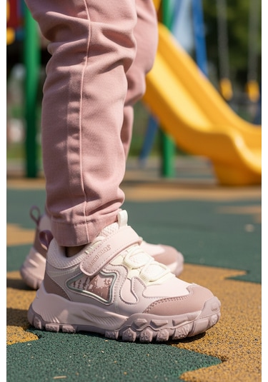 Pudra Cırtlı Hafif Esnek Kaymaz Kız Çocuk Spor Ayakkabı 22678 P Pudra