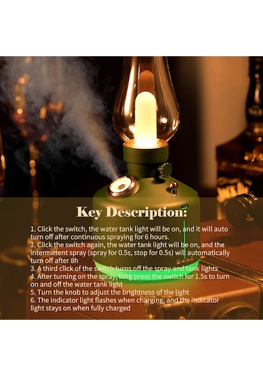 280ml Kerosen Lamba Şeklinde Nemlendirici Difüzör, 7 Renkli Işık, Usb Soğuk Sis Nemlendirici, Masaüstü Hava Nemlendirici, Sürekli Kısma Özelliği, 2 Sprey Modu
