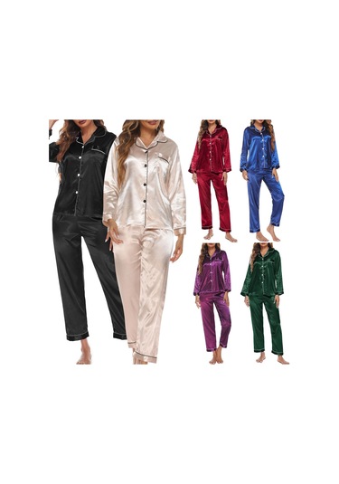 Kadın Pijama Takımı Uzun Kollu Çentikli Yaka Düğmeli Yumuşak Saten Pijama - Koyu Yeşil