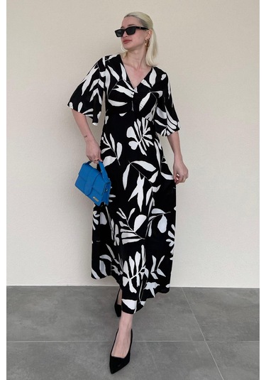 Madmext Siyah Desenli Yarım Kollu Elbise Mg2395 Siyah