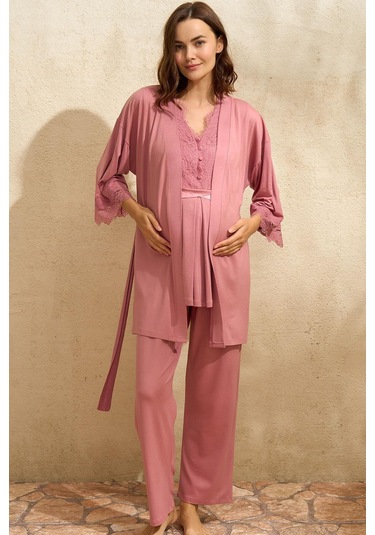 Sıfır Kol V Yaka Kadın Viskon Düz Yazlık Uzun Dantel Detaylı Hamile Pijama Takımı Sabahlık