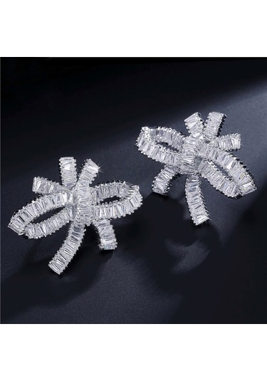 Monemel Swarovski Taşlı Fiyonk Küpe Gümüş - Rodyum