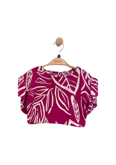 Kız Çocuk Beli Lastikli Desenli Pantolon Bluz Takım-13948 Fuşya