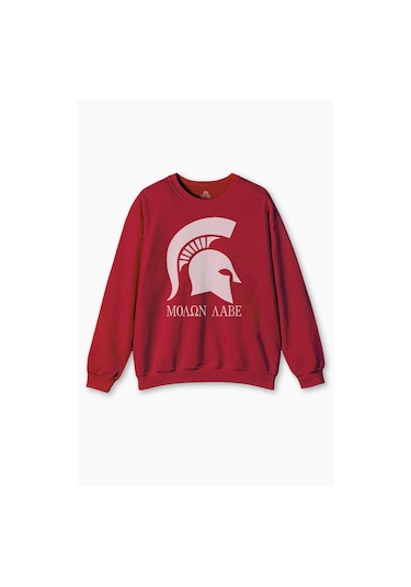 Kırmızı Sweatshirt Moaon Aabe Spartan Kask Savaşçı Kışlık Erkek Sweatshirt Kırmızı