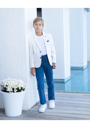 Erkek Çocuk Ekru Takım Elbise Keten Spor Takım Ceket Pantolon Tişort 3-14 Yaş Ekru