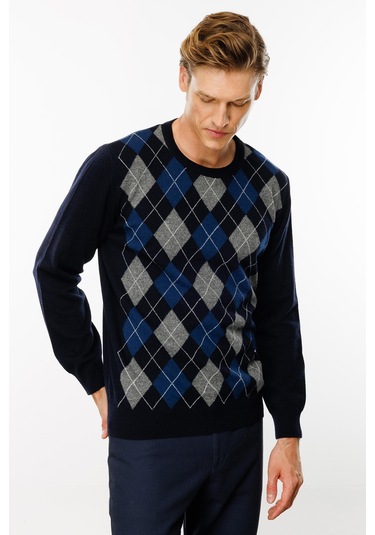 Desen Triko Erkek Sıfır Yaka Önü Baklava Desenli Kazak 24511 Koyu Lacivert Koyu Lacivert