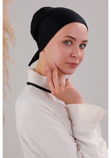 Tesettür Geçmeli Bağcıklı Viskon Likralı Dikişsiz Bone Siyah Siyah