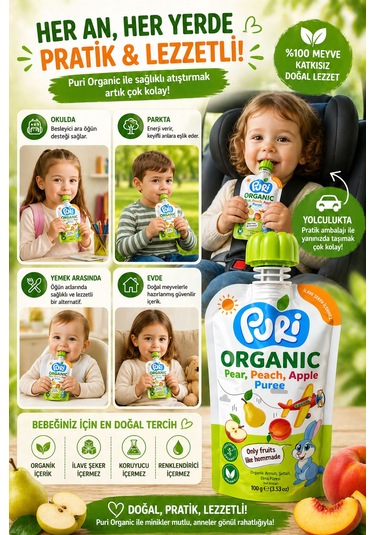 Organic %100 Organik Meyve Püresi Armut - Şeftali Elma 100 G İlave Şekersiz