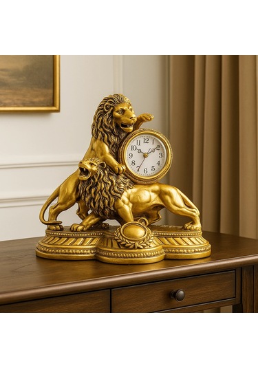 Gümüş Gold Aslan Figürlü Masa Saati 28x26 Gold