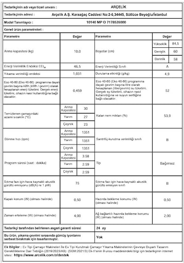 Arçelik 10140 MP O 1400 Devir 10 KG Çamaşır Makinesi