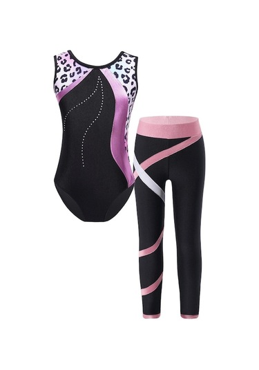 Novahub Çocuk Kız Kolsuz Baskılı Patchwork Leotard, Jimnastik Spor Performansı İçin Renkli Blok Taytlı Pembe - 9 - 10 Yaş Pembe