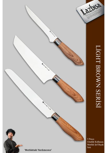 Light Brown Serisi Mutfak Bıçak Et Sebze 3 Lü Şef Bıçağı Mft-749 Kahverengi