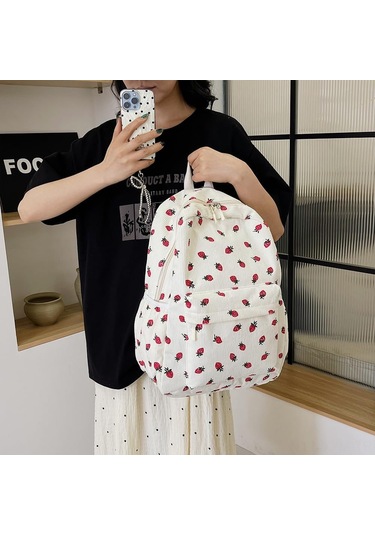 Geeksen Kuruşak Çilek Desenli Geniş Kabinli Çok Cepli Seyahat Sirt Çantasi Pembe Açik, 43x31x14cm Bej