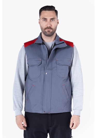 Dik Yakalı Kapitoneli Yelek Gri - Kırmızı