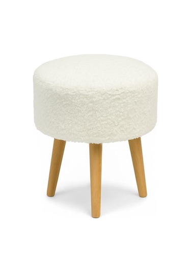 Loop Sallanan Sandalye Ve Puf Seti Ekru Teddy Kumaş Ahşap Ayaklı Berjer - Sallanan Koltuk Puf Beyaz
