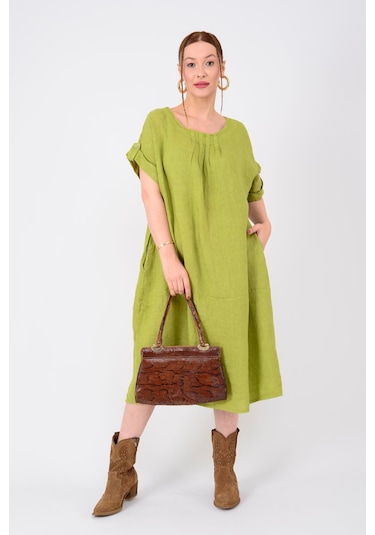 Park Moda 4829 Sprıng Yakada Büzgü Detaylı Keten Elbise Yeşil