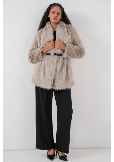 Kadın Kemerli Oversize Kürklü Kaban 9156 - Taş Taş