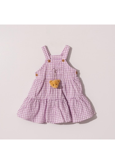 Kız Bebek Çocuk Kareli Ayıcık Aksesuarlı Elbise-1179 Beyaz