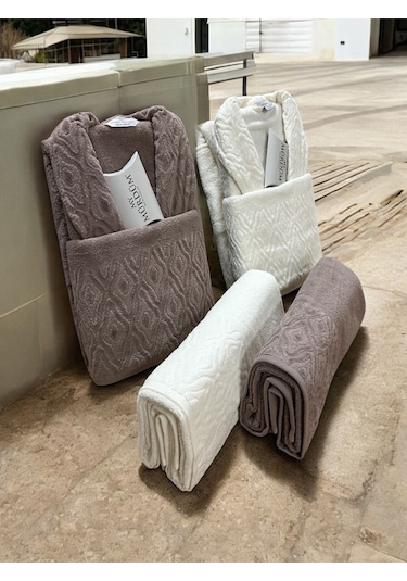 Banyo Çeyiz Seti, %100 Pamuk Bornoz Takımı, 8 Parça Aile Bornoz Seti, Havlu & Havlu Seti Kahve-krem Kahverengi