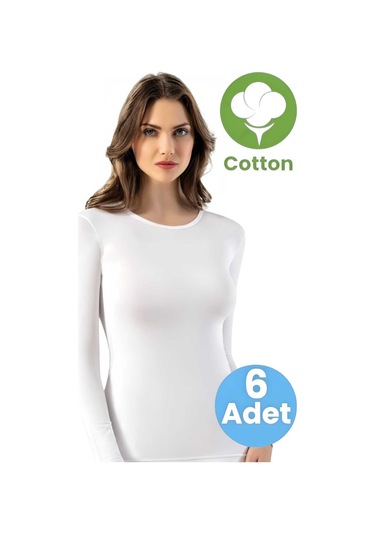 Tezzgelsin Kadın 6'lı Uzun Kollu Yuvarlak Yaka Pamuklu Atlet T-shirt Beyaz