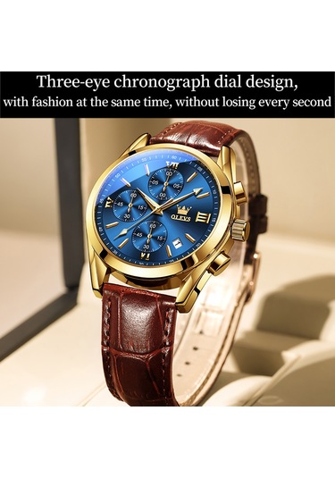 Olevs 2872 Erkekler Üç Göz Altı İğne Kronograf Su Geçirmez Kuvars Saat Mavi + Altın