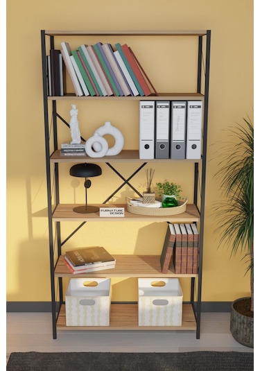 Dekoratif Metal Kitaplık 6 Raflı Kitaplık Dosya Rafı 180 Cm Çam