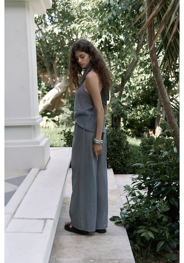 Cadhas Boyundan Bağlamalı Füme Crop Pantolon Takım Füme