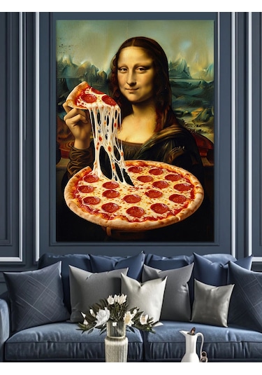 Pizza Yiyen Mona Lisa Portresi Dekoratif Kanvas - Mdf Ahşap Tablo