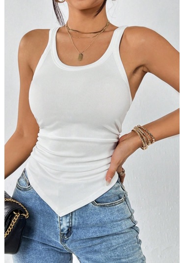 Cool Tarz Kadın Fitilli Atlet Slim Fit Kaşkorse Basic Yazlık Askılı Bluz Beyaz
