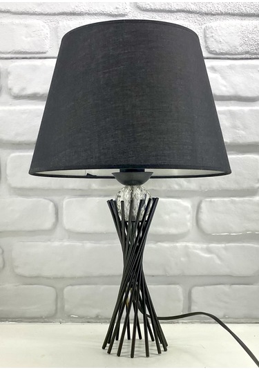Siyah Burgu Metal Ayaklı Kristal Cam Toplu Kumaş Şapkalı Abajur Siyah