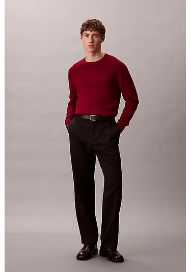 Erkek Regular Fit Merinos Yünü Triko Kazak - Bordo Beet Red