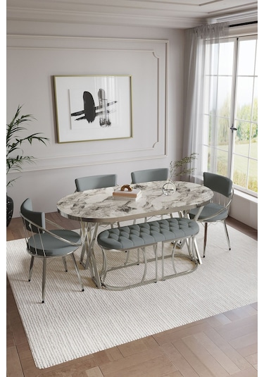 Selenit Mutfak Yemek Masası Takımı- 6 Kişilik Mutfak Masa Sandalye Takımı- Mutfak Masası Takımı Beyaz Mermer Model