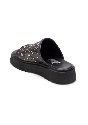 Kadın Siyah Simli Hakiki Deri Taşlı Yumuşak Kalın Tabanlı Terlik